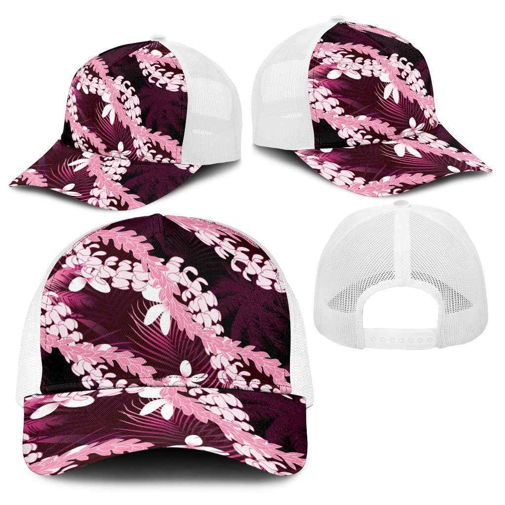 Puakenikeni Maile Lei Baseball Net Cap Frangipani Pink Tropical Leaves