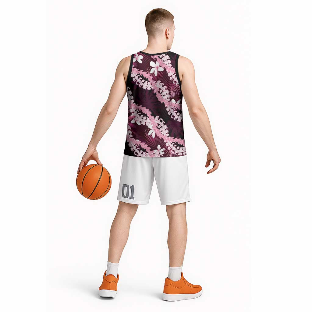 Puakenikeni Maile Lei Basketball Jersey Frangipani Pink Tropical Leaves