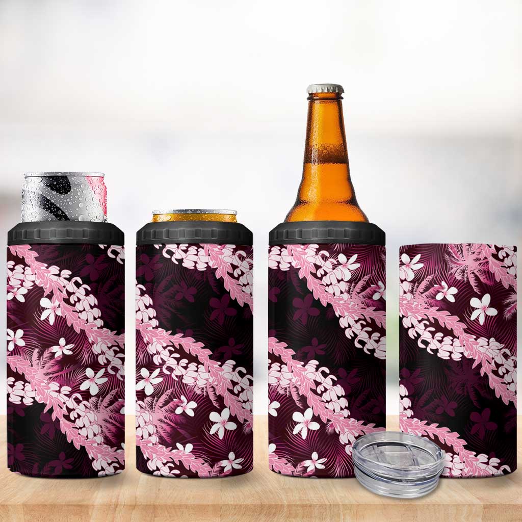 Puakenikeni Maile Lei 4 in 1 Can Cooler Tumbler Frangipani Pink Tropical Leaves
