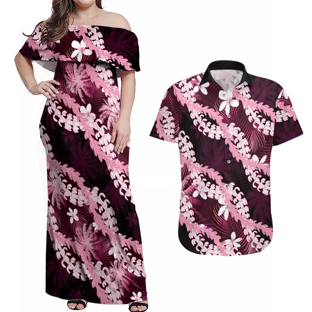 Puakenikeni Maile Lei Couples Matching Off Shoulder Maxi Dress and Hawaiian Shirt Frangipani Pink Tropical Leaves LT01 Pink - Polynesian Pride