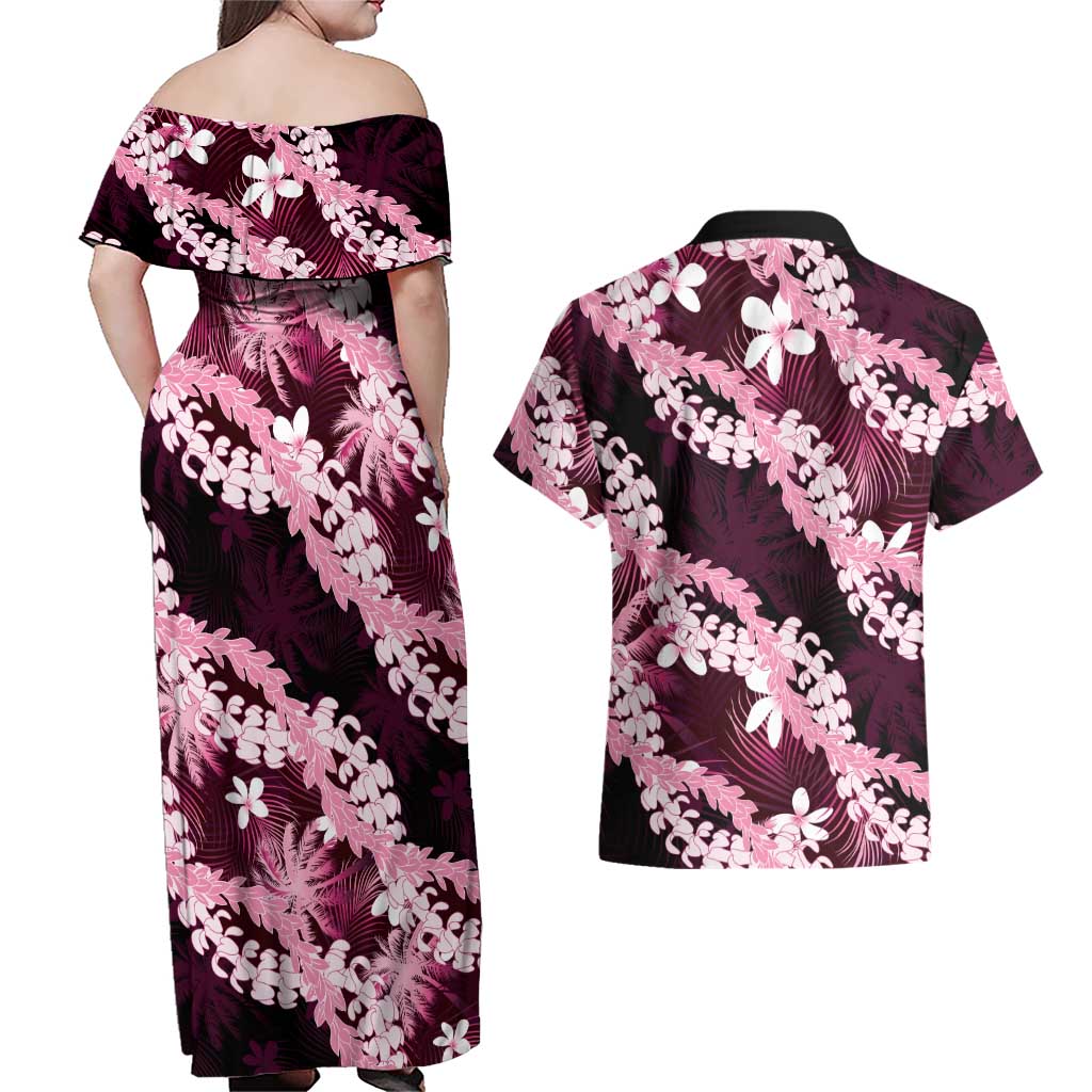 Puakenikeni Maile Lei Couples Matching Off Shoulder Maxi Dress and Hawaiian Shirt Frangipani Pink Tropical Leaves LT01 - Polynesian Pride