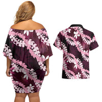 Puakenikeni Maile Lei Couples Matching Off Shoulder Short Dress and Hawaiian Shirt Frangipani Pink Tropical Leaves LT01 - Polynesian Pride