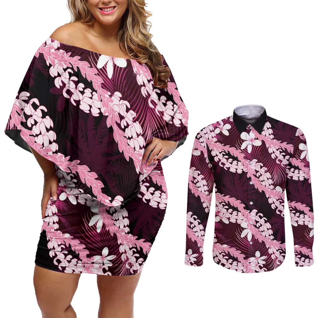 Puakenikeni Maile Lei Couples Matching Off Shoulder Short Dress and Long Sleeve Button Shirt Frangipani Pink Tropical Leaves LT01 Pink - Polynesian Pride