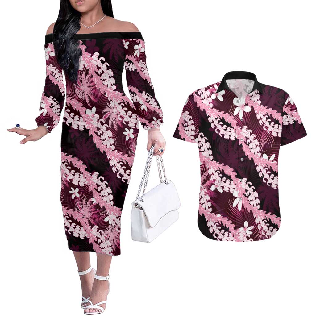 Puakenikeni Maile Lei Couples Matching Off The Shoulder Long Sleeve Dress and Hawaiian Shirt Frangipani Pink Tropical Leaves