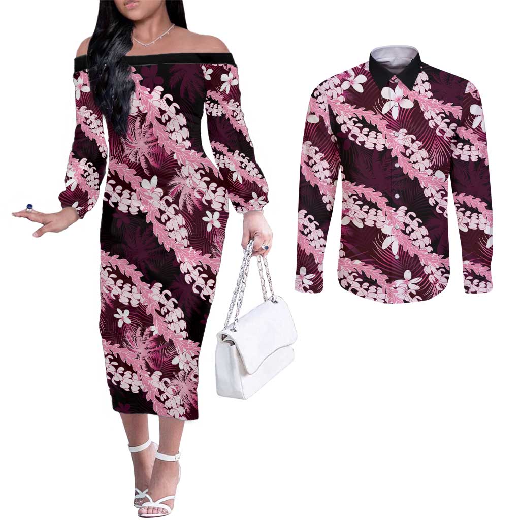 Puakenikeni Maile Lei Couples Matching Off The Shoulder Long Sleeve Dress and Long Sleeve Button Shirt Frangipani Pink Tropical Leaves LT01 Pink - Polynesian Pride