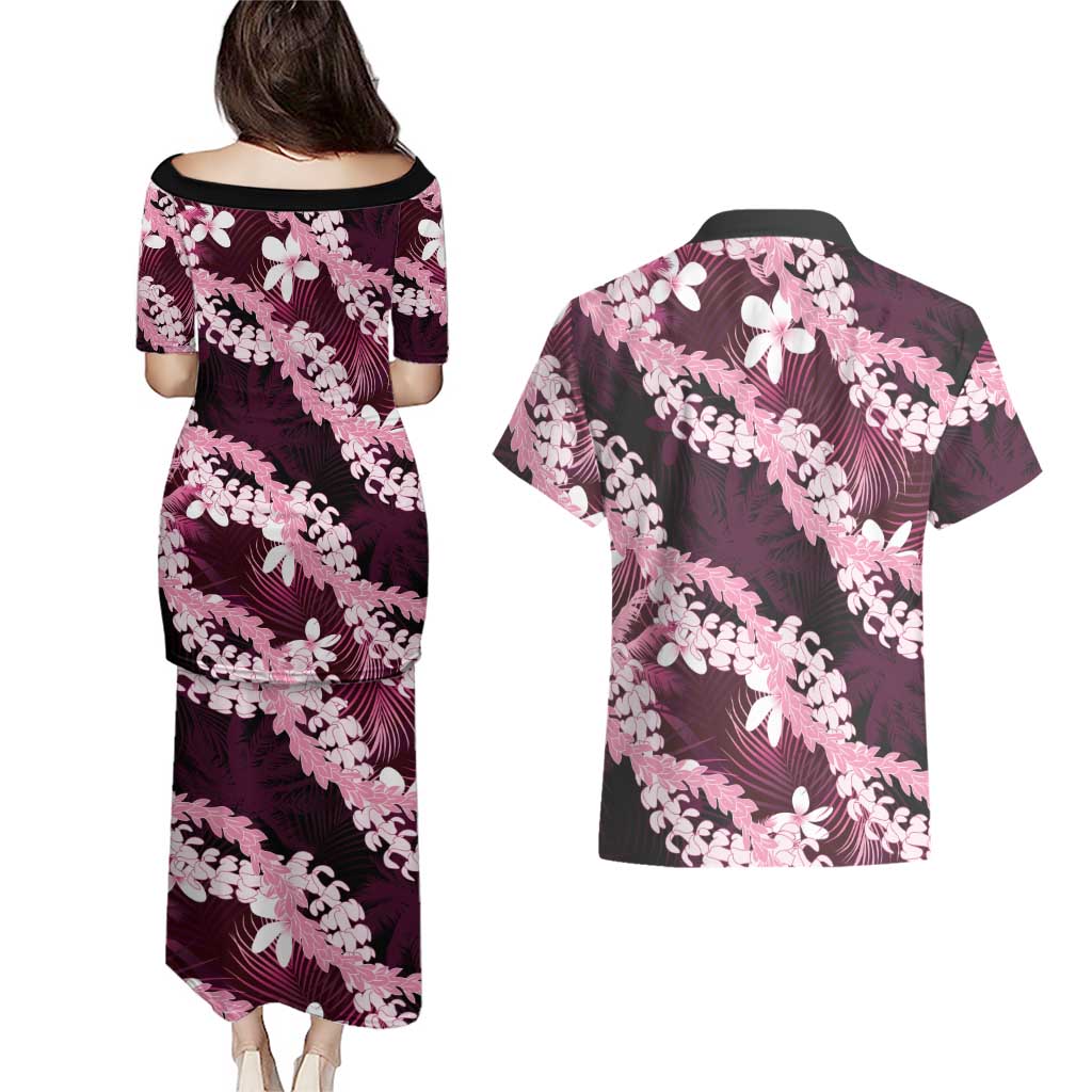 Puakenikeni Maile Lei Couples Matching Puletasi and Hawaiian Shirt Frangipani Pink Tropical Leaves LT01 - Polynesian Pride