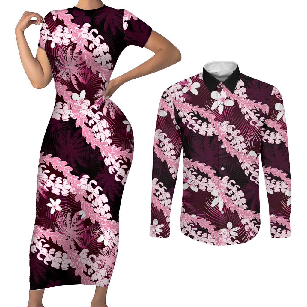 Puakenikeni Maile Lei Couples Matching Short Sleeve Bodycon Dress and Long Sleeve Button Shirt Frangipani Pink Tropical Leaves LT01 Pink - Polynesian Pride