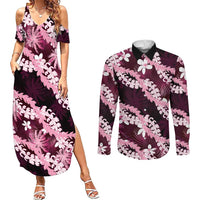 Puakenikeni Maile Lei Couples Matching Summer Maxi Dress and Long Sleeve Button Shirt Frangipani Pink Tropical Leaves LT01 Pink - Polynesian Pride