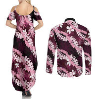 Puakenikeni Maile Lei Couples Matching Summer Maxi Dress and Long Sleeve Button Shirt Frangipani Pink Tropical Leaves LT01 - Polynesian Pride