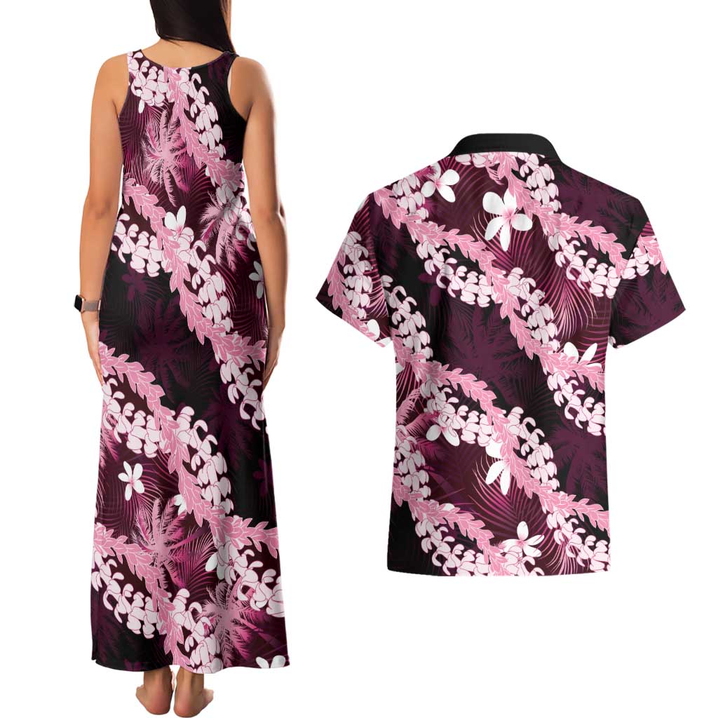 Puakenikeni Maile Lei Couples Matching Tank Maxi Dress and Hawaiian Shirt Frangipani Pink Tropical Leaves LT01 - Polynesian Pride