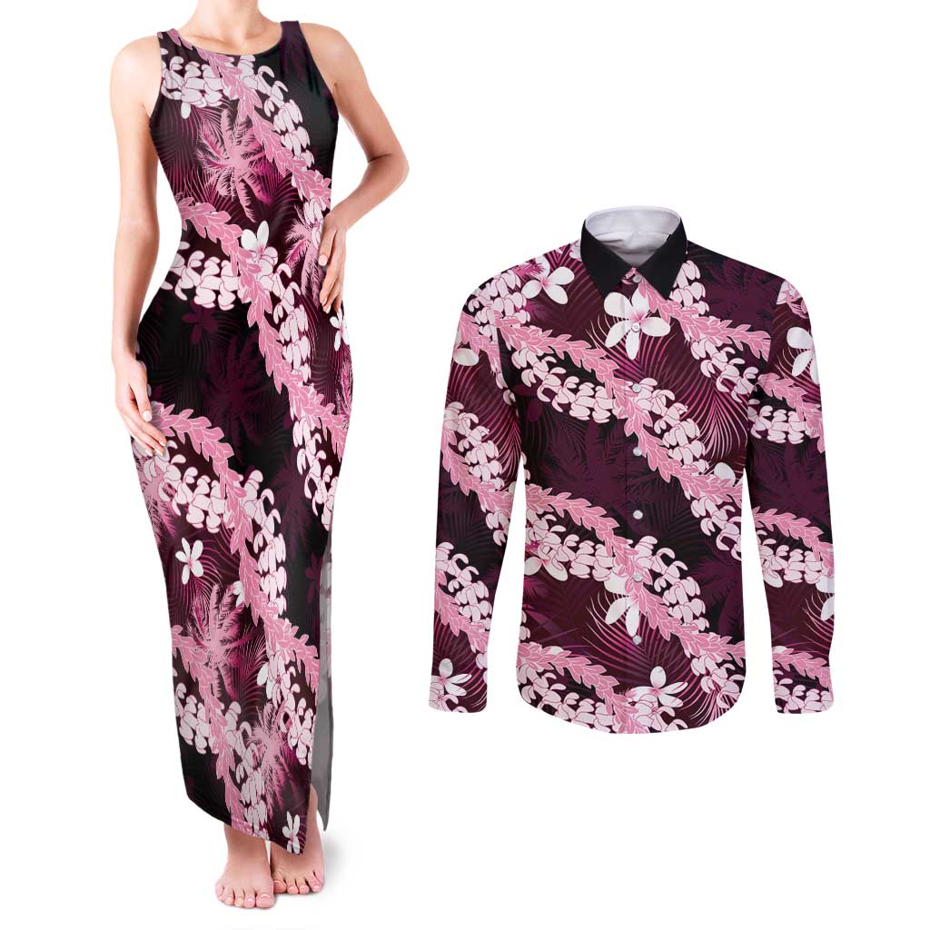 Puakenikeni Maile Lei Couples Matching Tank Maxi Dress and Long Sleeve Button Shirt Frangipani Pink Tropical Leaves LT01 Pink - Polynesian Pride