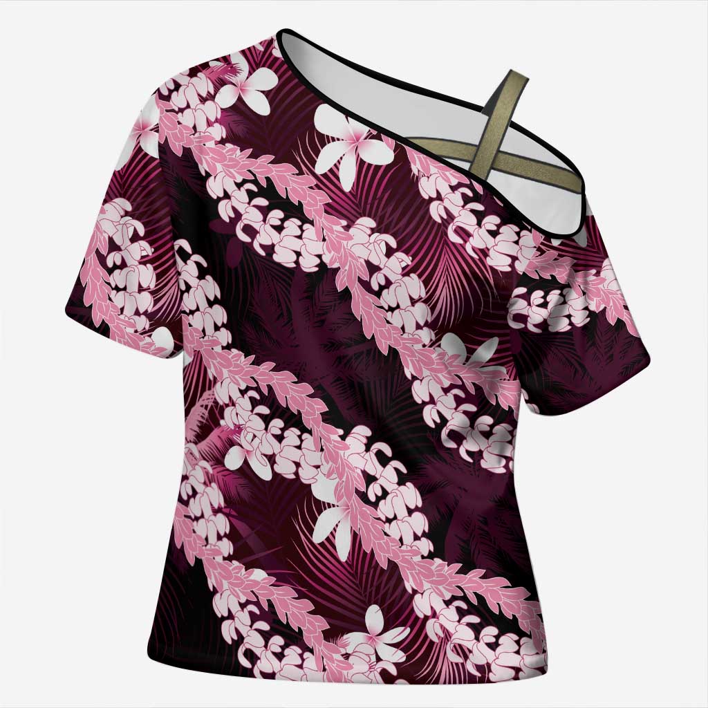 Puakenikeni Maile Lei Cross Shoulder Shirt Frangipani Pink Tropical Leaves