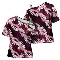Puakenikeni Maile Lei Cross Shoulder Shirt Frangipani Pink Tropical Leaves