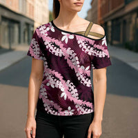 Puakenikeni Maile Lei Cross Shoulder Shirt Frangipani Pink Tropical Leaves