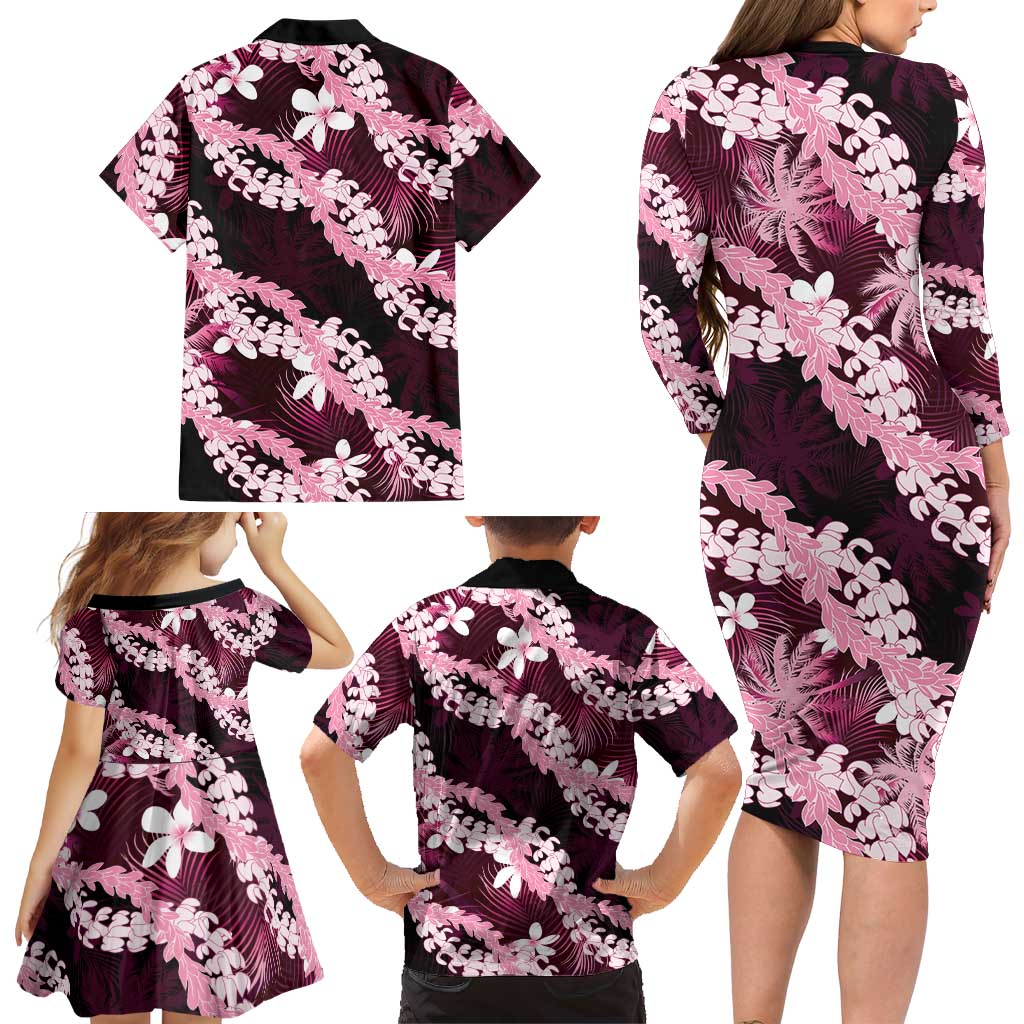 Puakenikeni Maile Lei Family Matching Long Sleeve Bodycon Dress and Hawaiian Shirt Frangipani Pink Tropical Leaves LT01 - Polynesian Pride