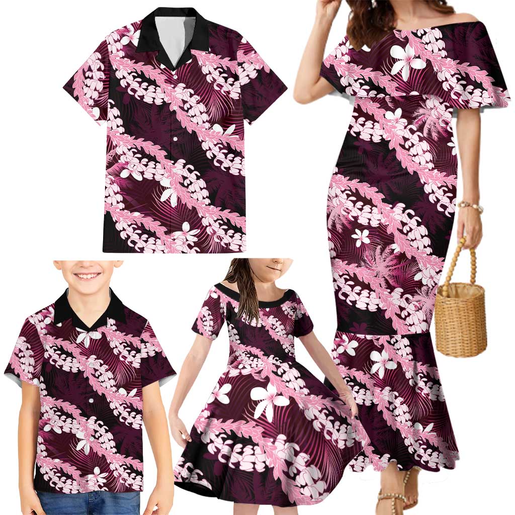 Puakenikeni Maile Lei Family Matching Mermaid Dress and Hawaiian Shirt Frangipani Pink Tropical Leaves LT01 - Polynesian Pride