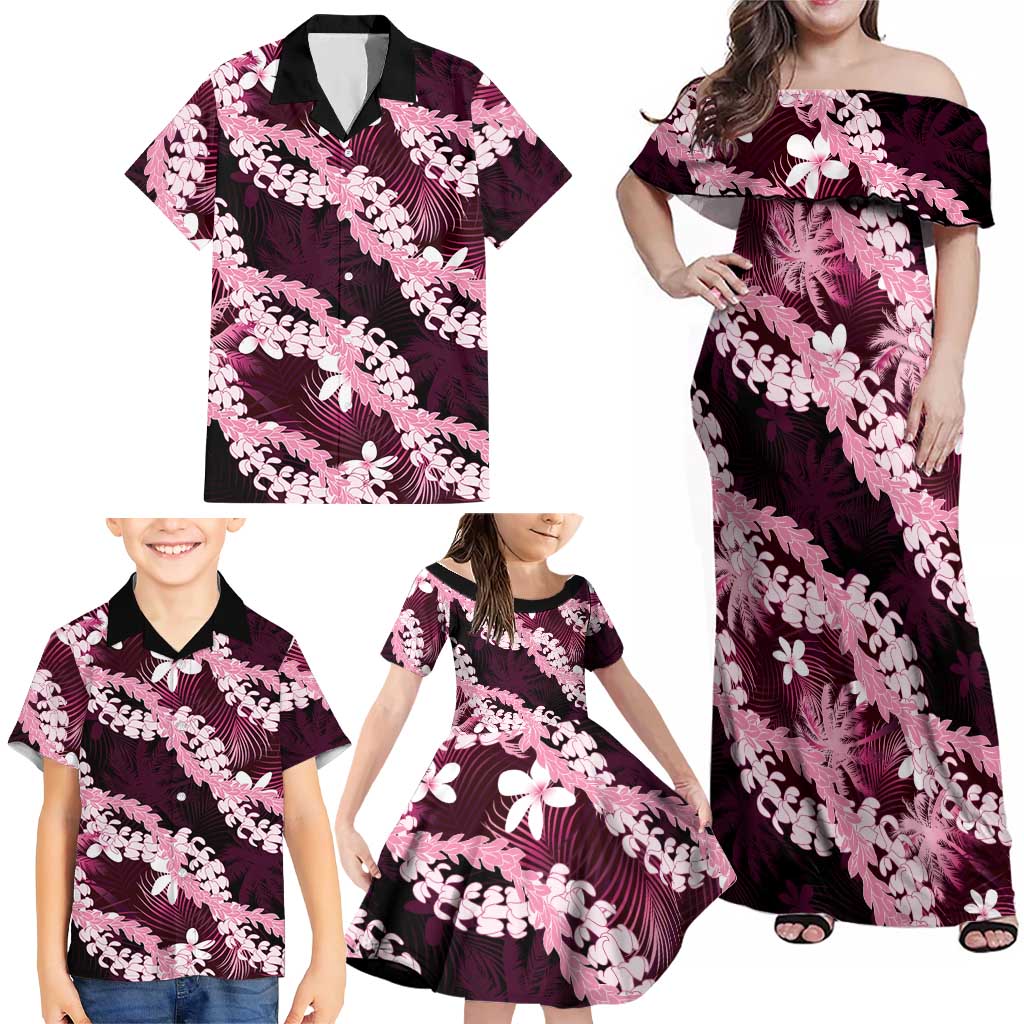 Puakenikeni Maile Lei Family Matching Off Shoulder Maxi Dress and Hawaiian Shirt Frangipani Pink Tropical Leaves
