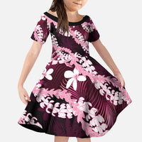 Puakenikeni Maile Lei Family Matching Puletasi and Hawaiian Shirt Frangipani Pink Tropical Leaves LT01 Daughter's Dress Pink - Polynesian Pride
