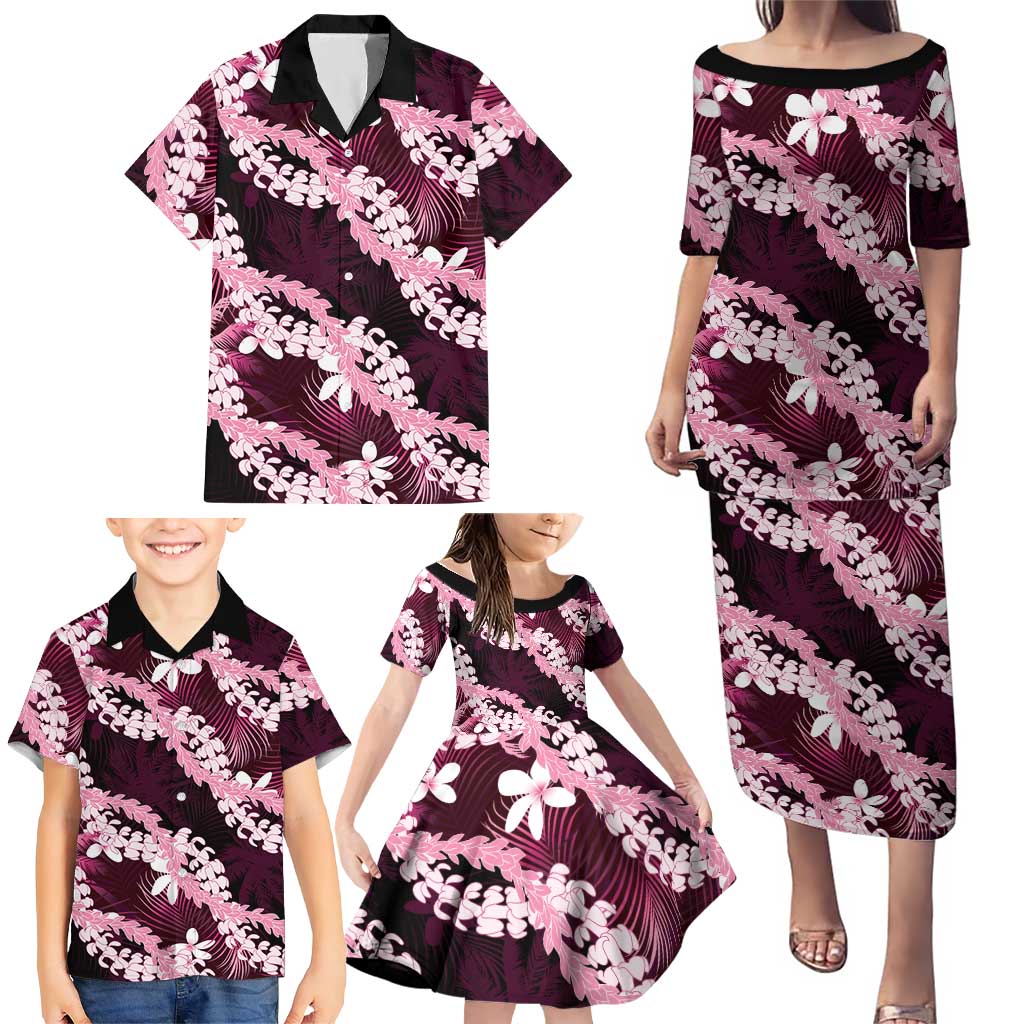 Puakenikeni Maile Lei Family Matching Puletasi and Hawaiian Shirt Frangipani Pink Tropical Leaves