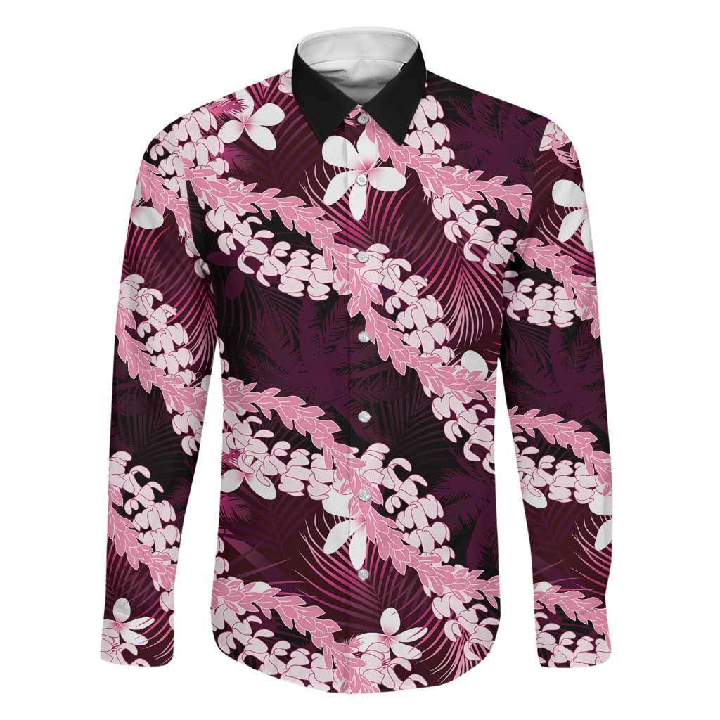 Puakenikeni Maile Lei Family Matching Puletasi and Hawaiian Shirt Frangipani Pink Tropical Leaves LT01 Dad's Shirt - Long Sleeve Pink - Polynesian Pride