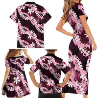 Puakenikeni Maile Lei Family Matching Short Sleeve Bodycon Dress and Hawaiian Shirt Frangipani Pink Tropical Leaves LT01 - Polynesian Pride