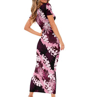 Puakenikeni Maile Lei Family Matching Short Sleeve Bodycon Dress and Hawaiian Shirt Frangipani Pink Tropical Leaves LT01 - Polynesian Pride