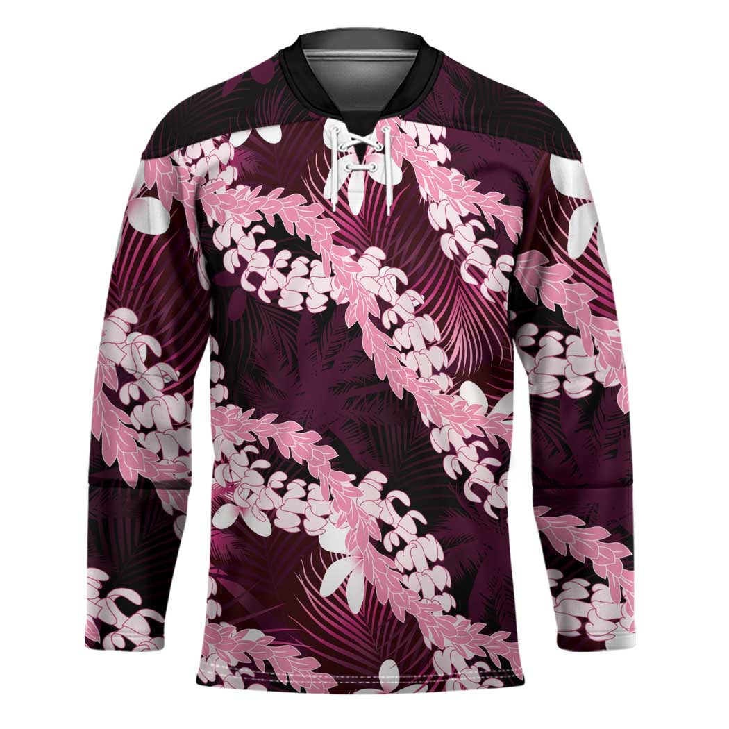Puakenikeni Maile Lei Hockey Jersey Frangipani Pink Tropical Leaves