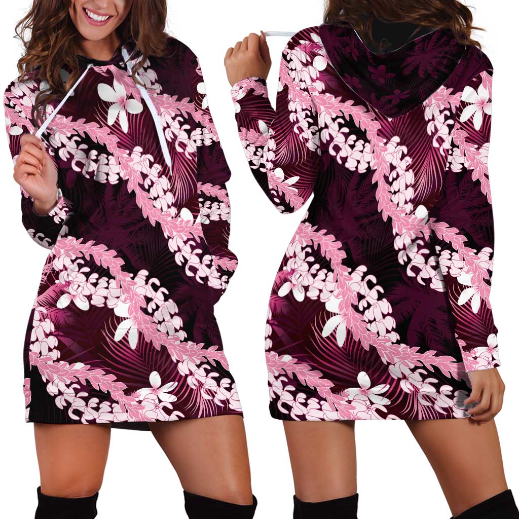 Puakenikeni Maile Lei Hoodie Dress Frangipani Pink Tropical Leaves