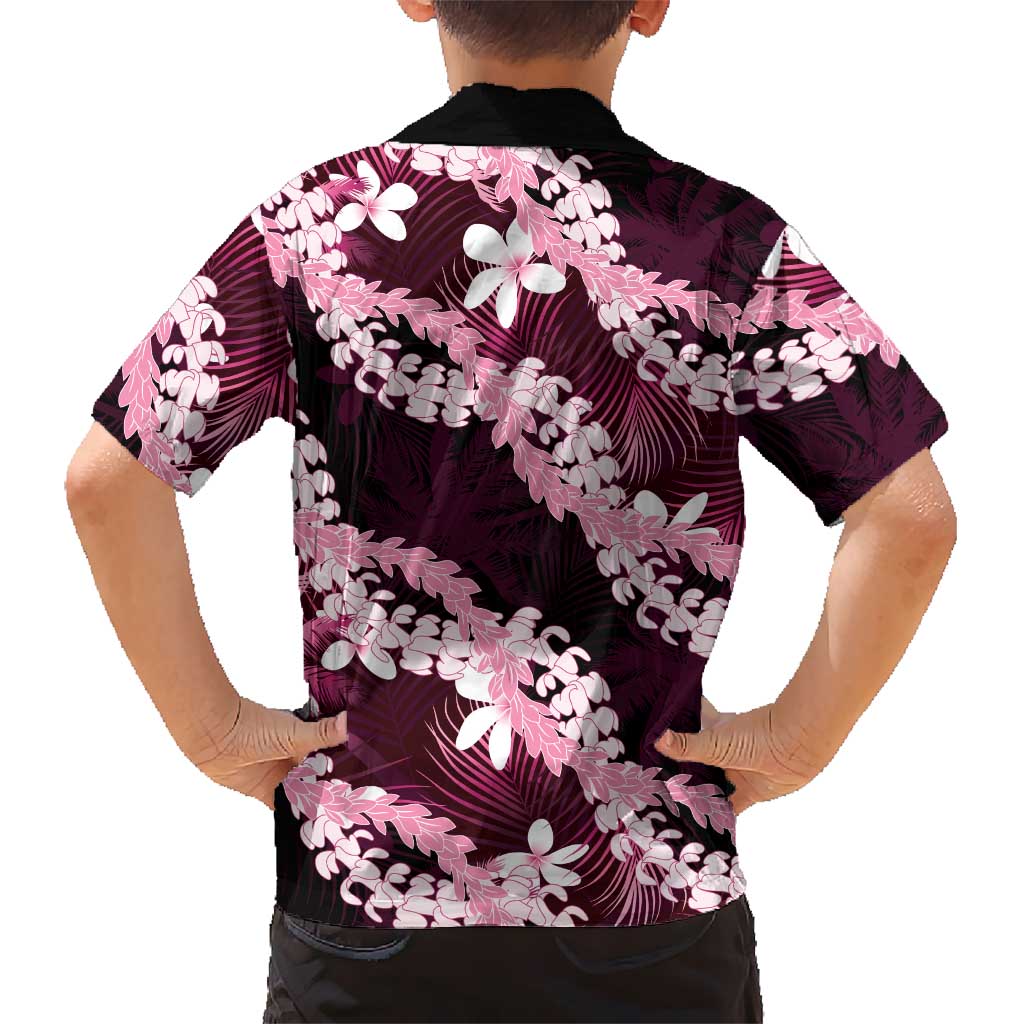 Puakenikeni Maile Lei Kid Hawaiian Shirt Frangipani Pink Tropical Leaves
