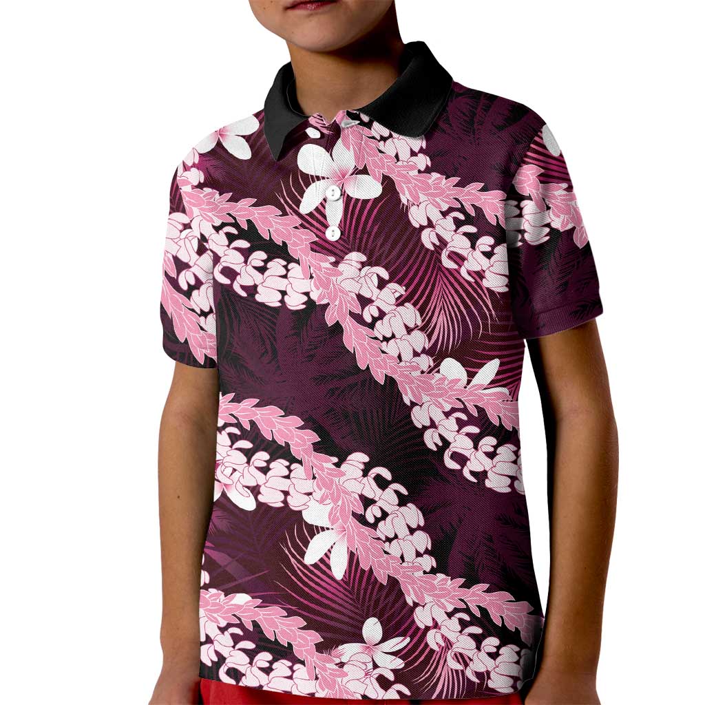 Puakenikeni Maile Lei Kid Polo Shirt Frangipani Pink Tropical Leaves