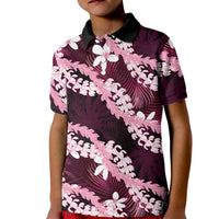 Puakenikeni Maile Lei Kid Polo Shirt Frangipani Pink Tropical Leaves