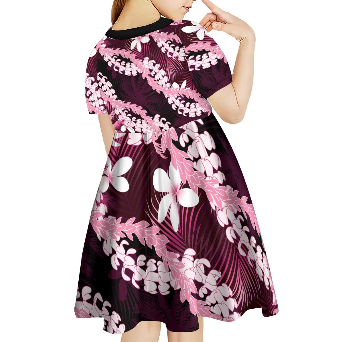 Puakenikeni Maile Lei Kid Short Sleeve Dress Frangipani Pink Tropical Leaves
