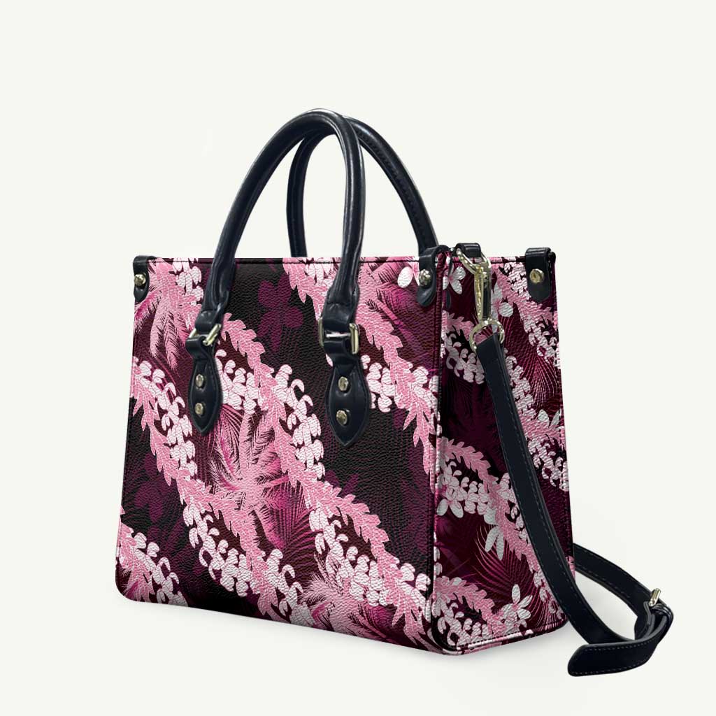 Puakenikeni Maile Lei Leather Bag Frangipani Pink Tropical Leaves