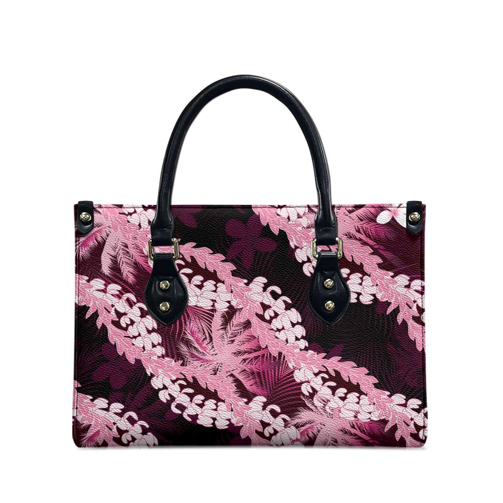 Puakenikeni Maile Lei Leather Bag Frangipani Pink Tropical Leaves