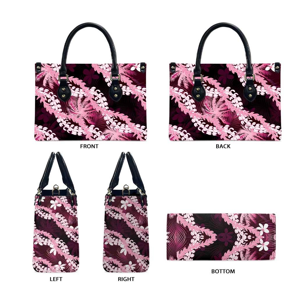 Puakenikeni Maile Lei Leather Bag Frangipani Pink Tropical Leaves