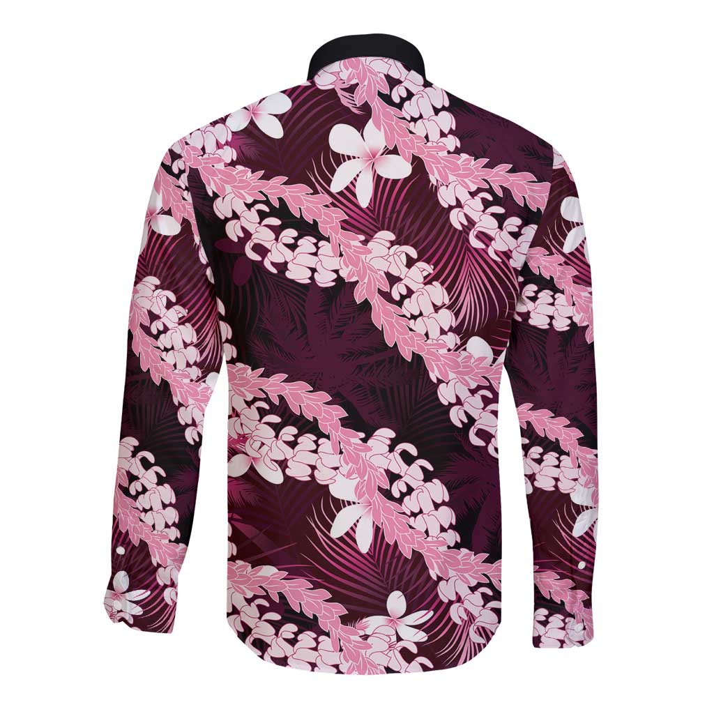 Puakenikeni Maile Lei Long Sleeve Button Shirt Frangipani Pink Tropical Leaves