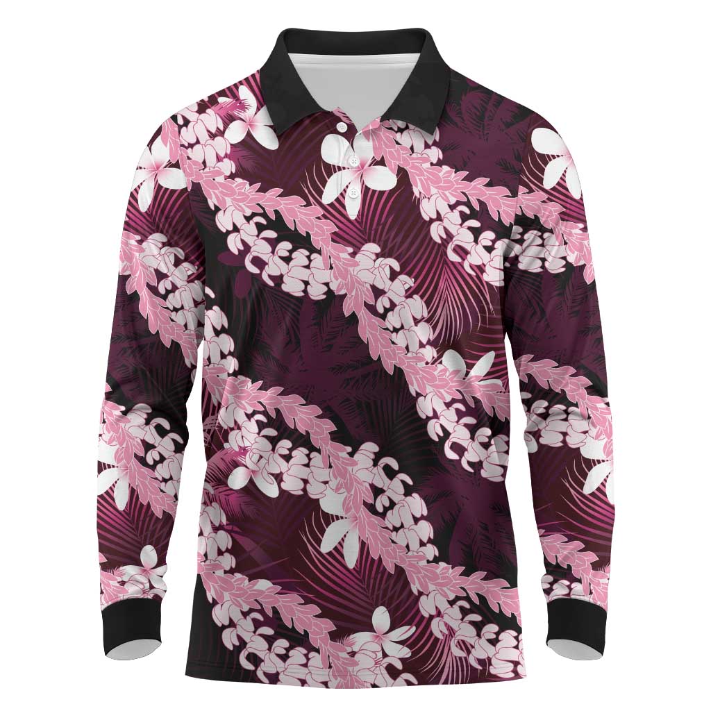 Puakenikeni Maile Lei Long Sleeve Polo Shirt Frangipani Pink Tropical Leaves