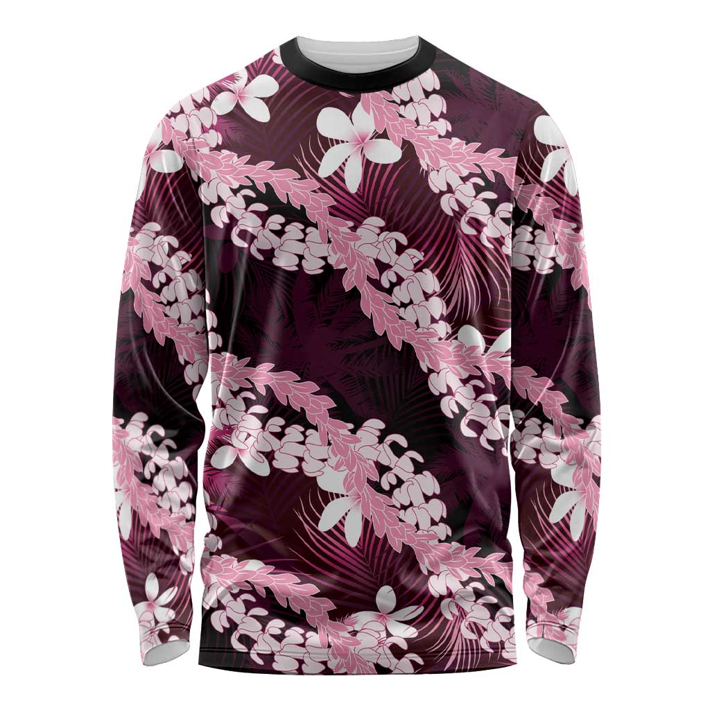 Puakenikeni Maile Lei Long Sleeve Shirt Frangipani Pink Tropical Leaves
