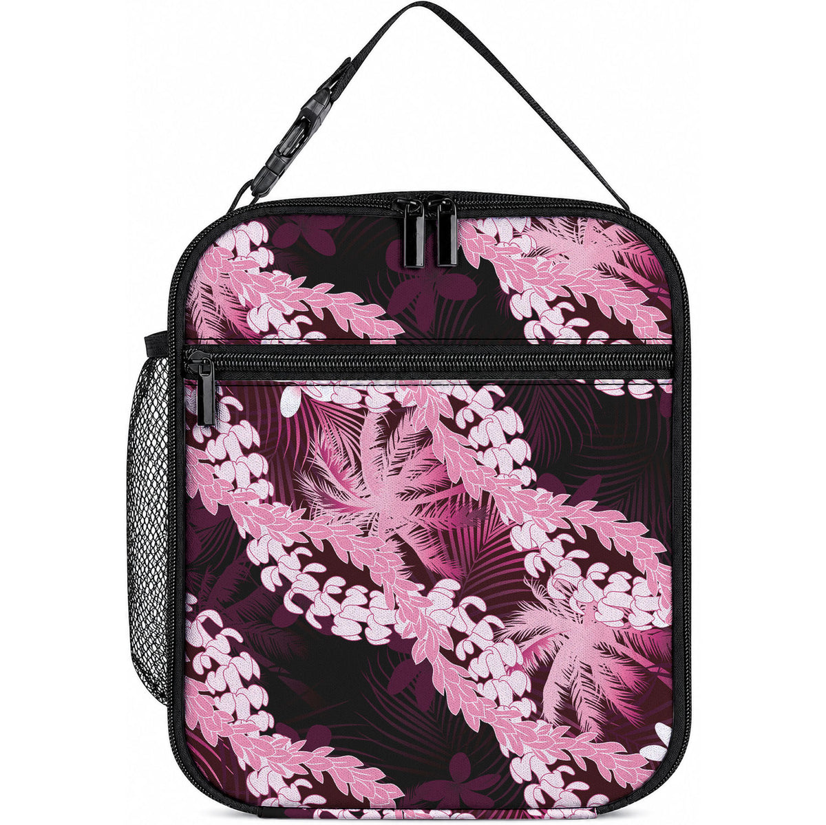 Puakenikeni Maile Lei Lunch Bag Frangipani Pink Tropical Leaves LT01 10.2 × 8.3 × 4.3 inch Pink - Polynesian Pride