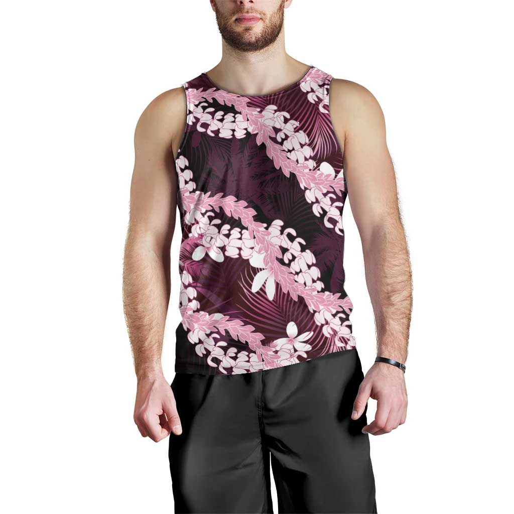 Puakenikeni Maile Lei Men Tank Top Frangipani Pink Tropical Leaves