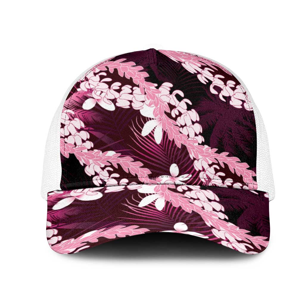 Puakenikeni Maile Lei Mesh Trucker Cap Frangipani Pink Tropical Leaves