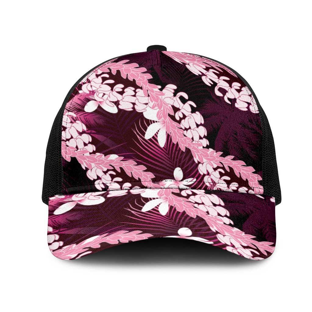 Puakenikeni Maile Lei Mesh Trucker Cap Frangipani Pink Tropical Leaves