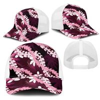 Puakenikeni Maile Lei Mesh Trucker Cap Frangipani Pink Tropical Leaves