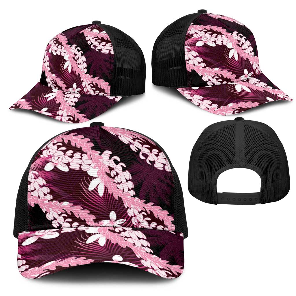 Puakenikeni Maile Lei Mesh Trucker Cap Frangipani Pink Tropical Leaves