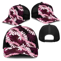 Puakenikeni Maile Lei Mesh Trucker Cap Frangipani Pink Tropical Leaves