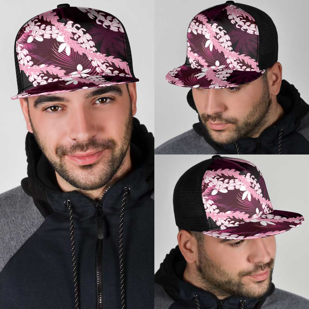 Puakenikeni Maile Lei Mesh Trucker Cap Frangipani Pink Tropical Leaves