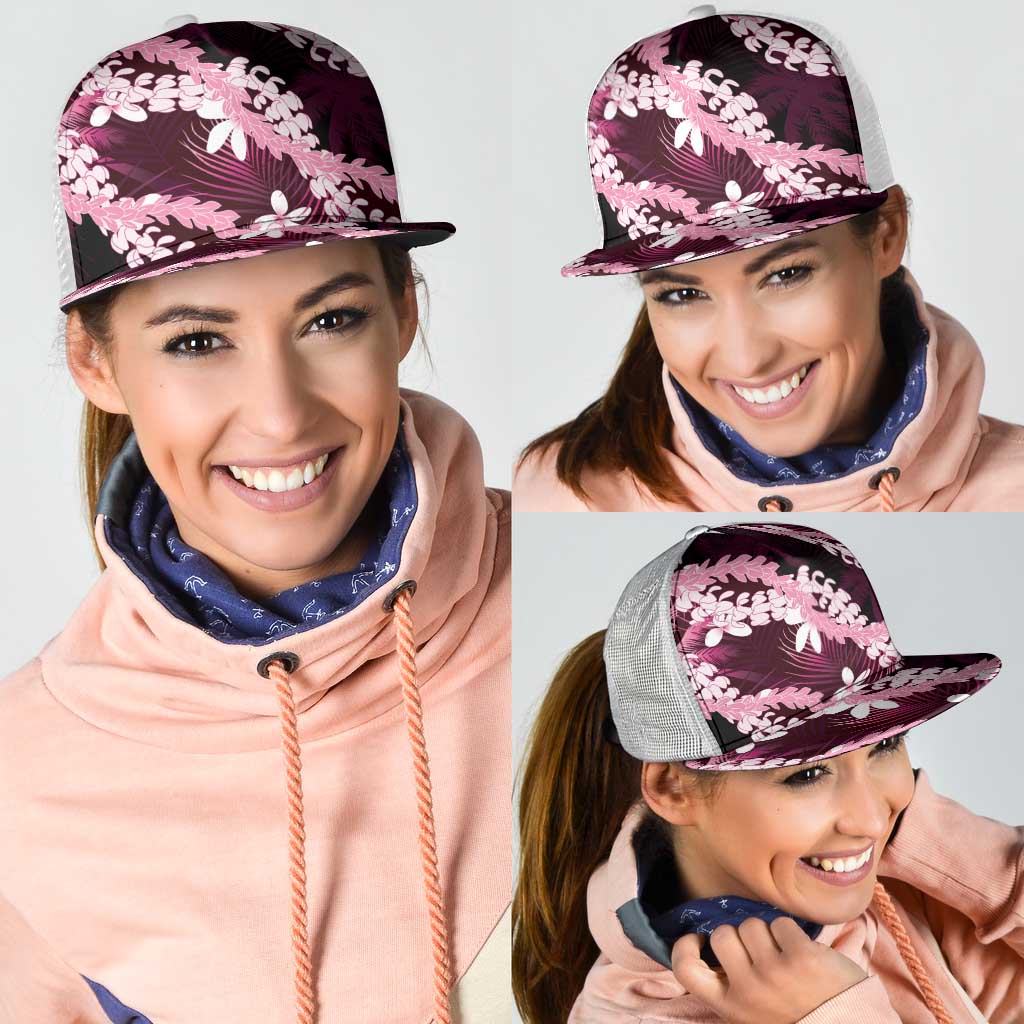 Puakenikeni Maile Lei Mesh Trucker Cap Frangipani Pink Tropical Leaves