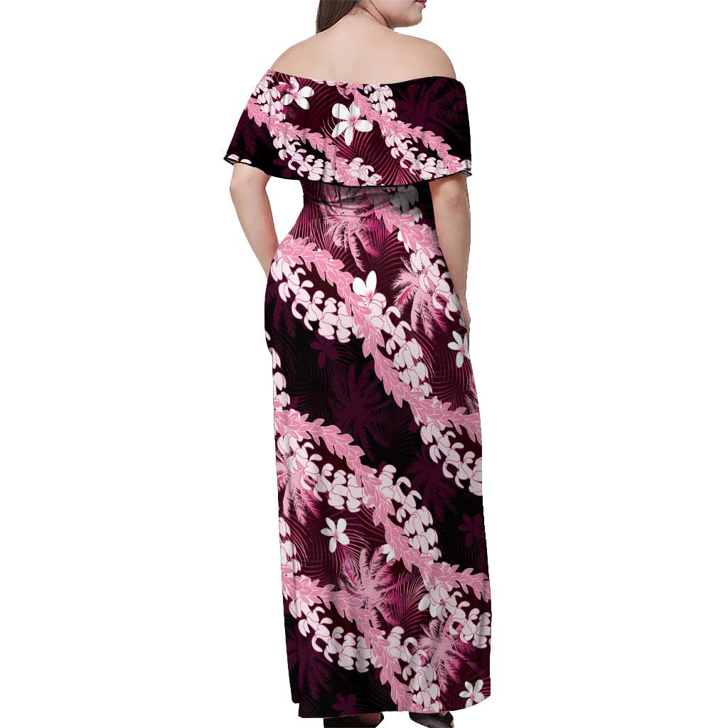 Puakenikeni Maile Lei Off Shoulder Maxi Dress Frangipani Pink Tropical Leaves
