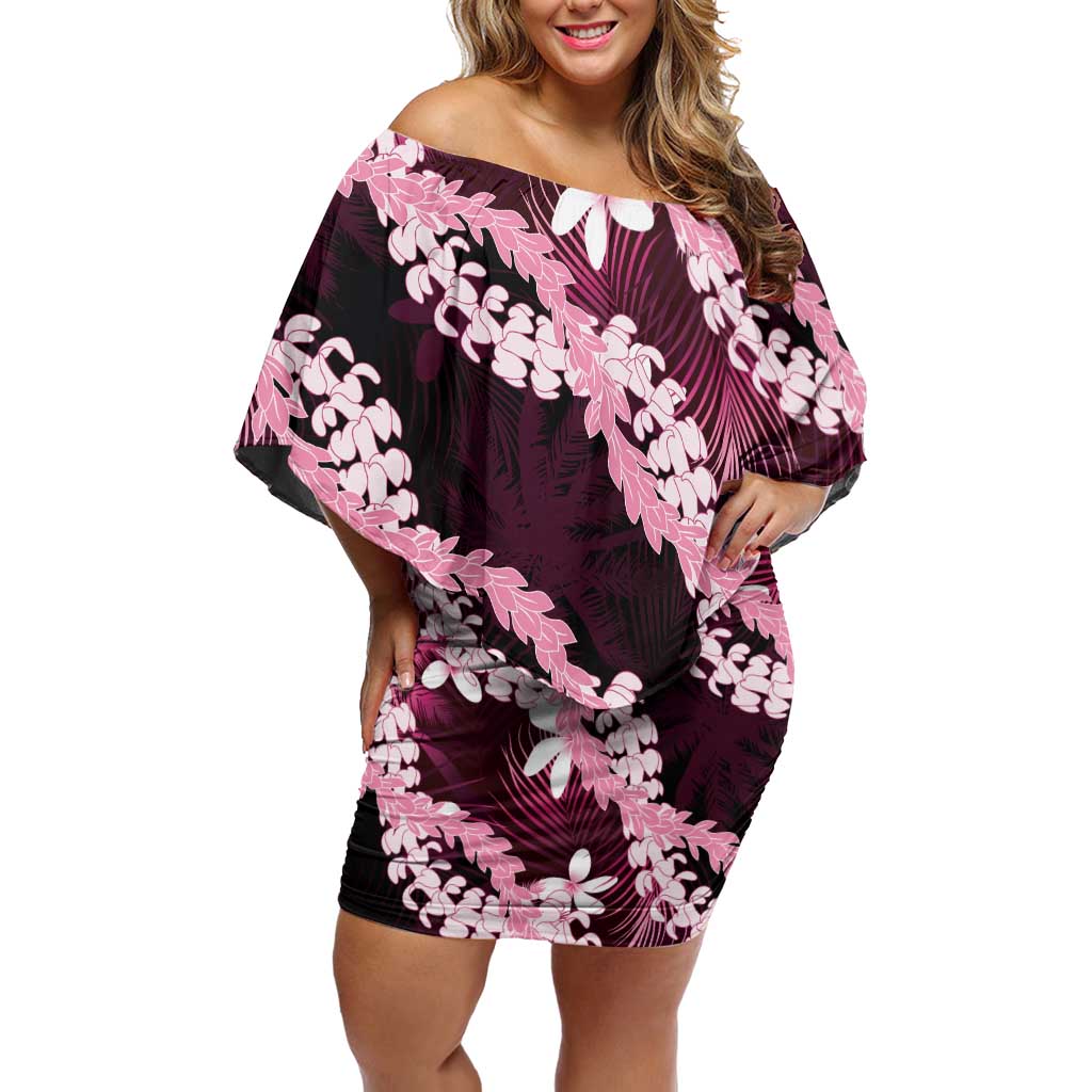 Puakenikeni Maile Lei Off Shoulder Short Dress Frangipani Pink Tropical Leaves