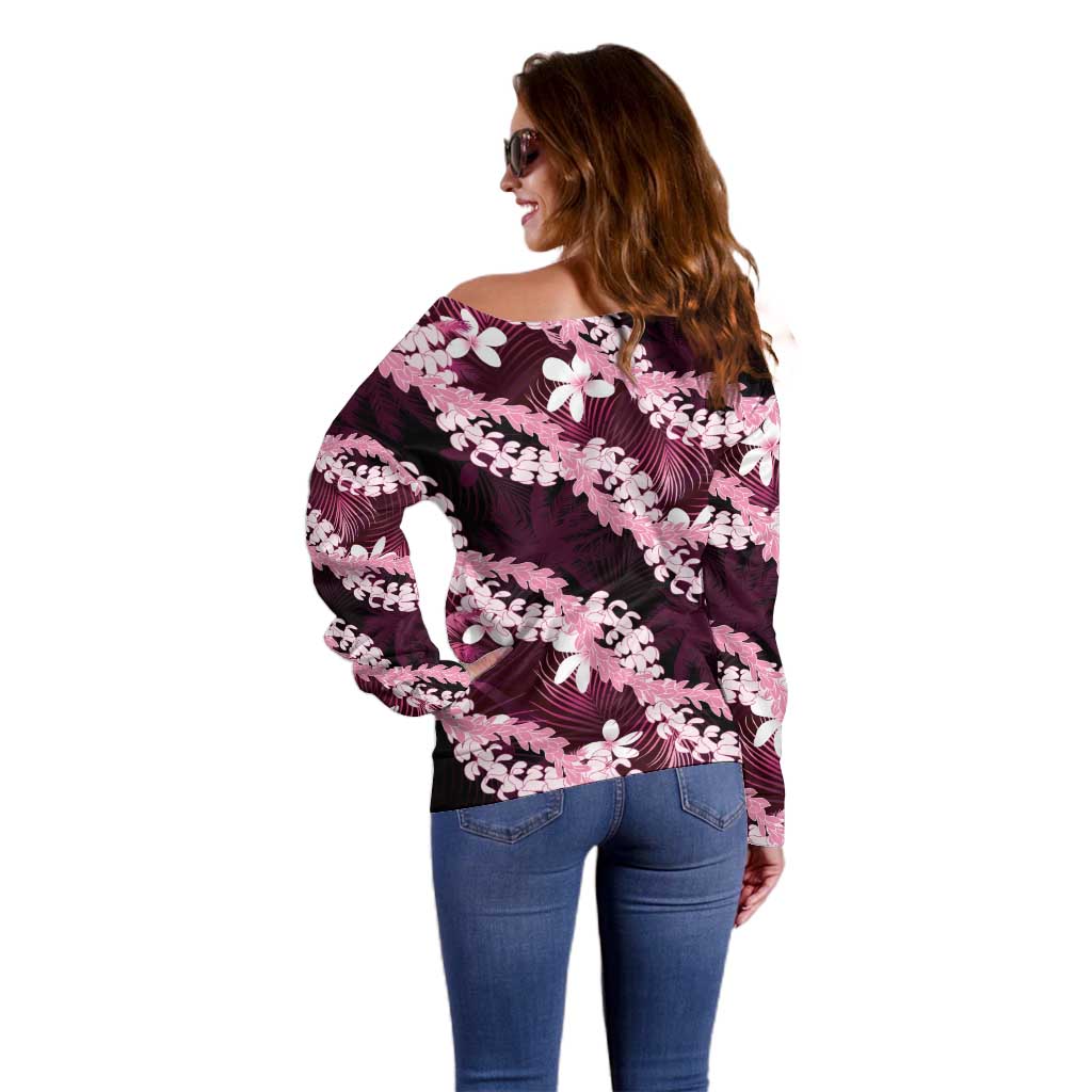 Puakenikeni Maile Lei Off Shoulder Sweater Frangipani Pink Tropical Leaves